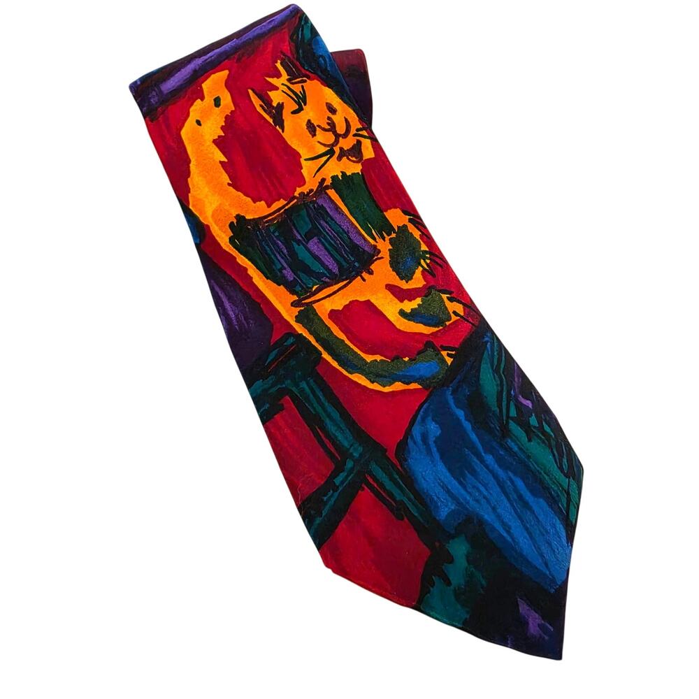 Vtg Save the Children Silk Tie Cat 90s Novelty Kid Art Abstract Orange Purple
